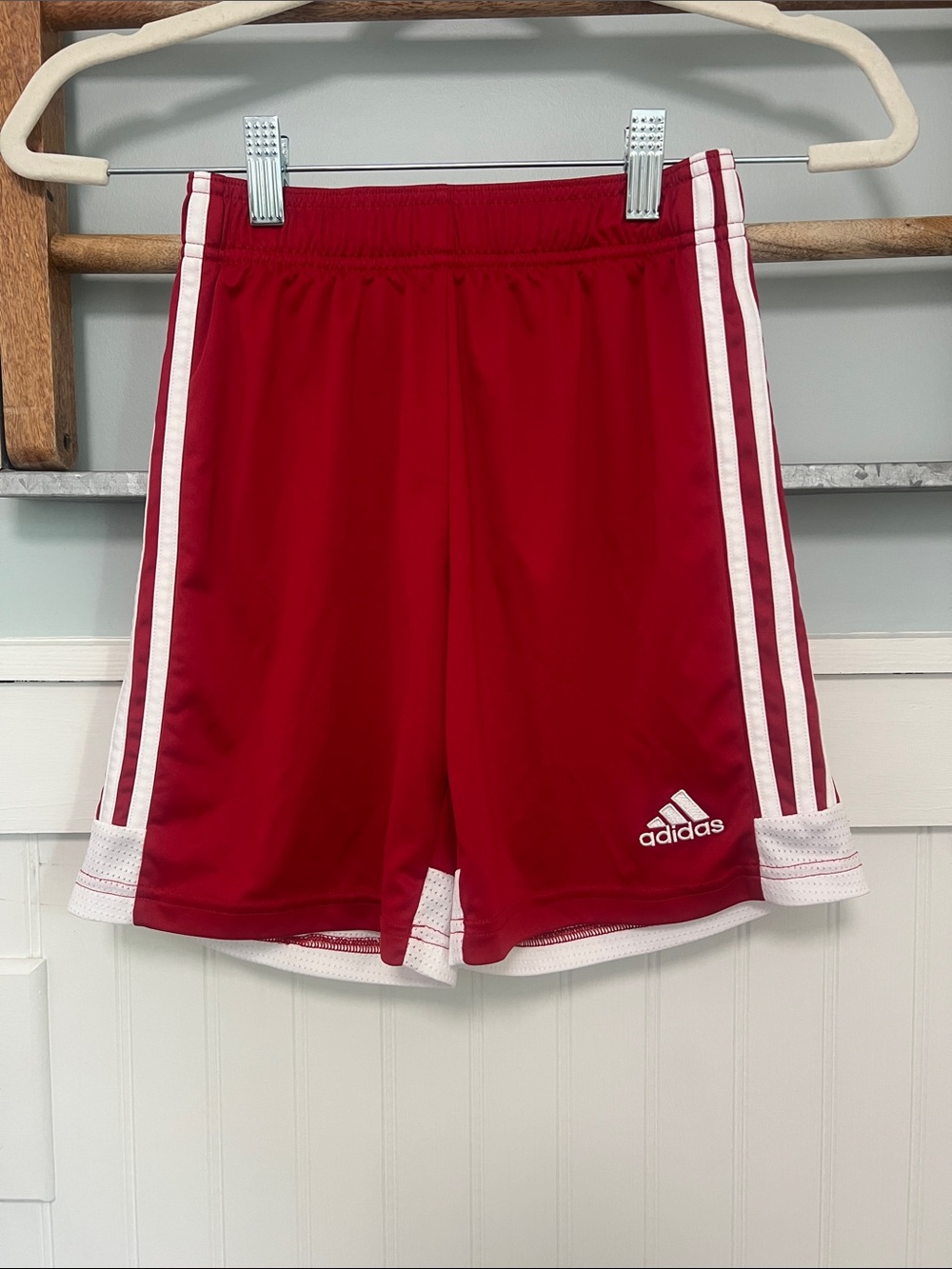 Boys, Adidas pull up performance shorts, size youth, medium, red, and white